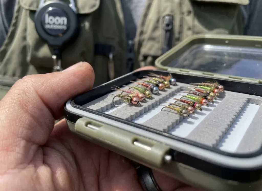 Macro view of Hanak Competition jig hooks in an Umpqua fly box showing upturned points.