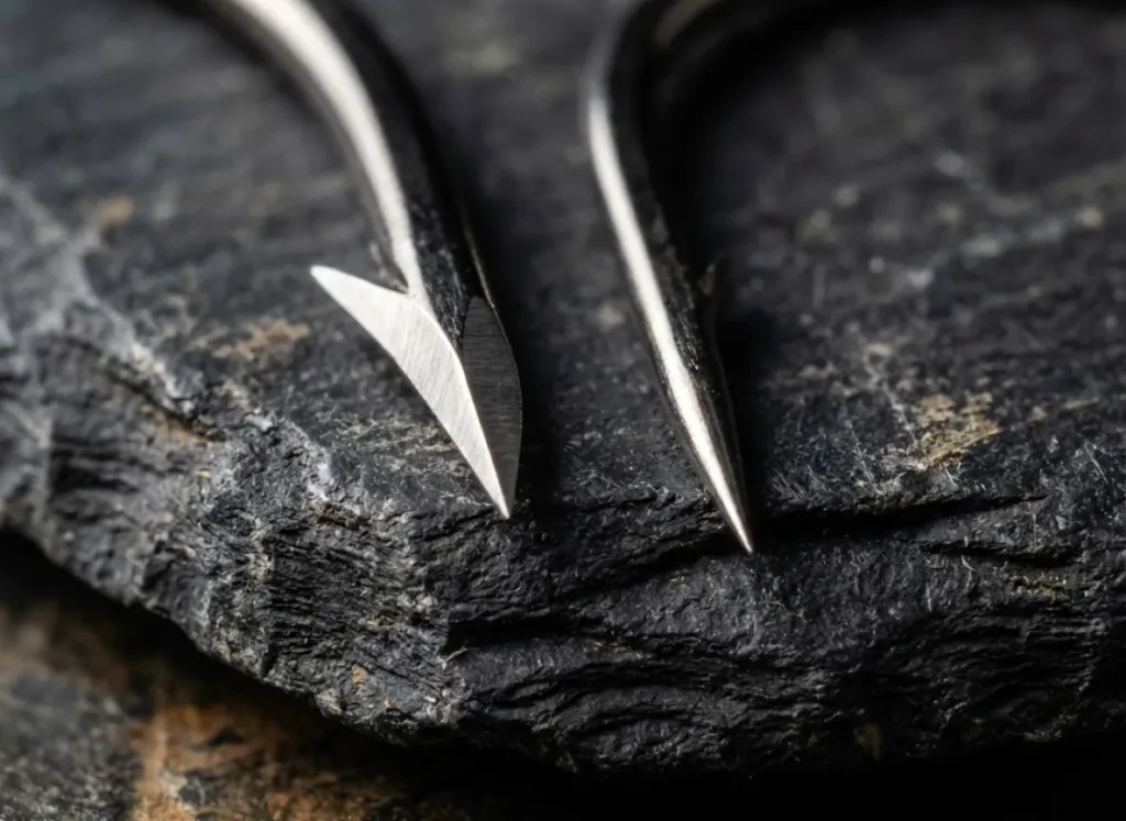 Macro comparison of a triangular Trokar hook point versus a standard needle point hook.