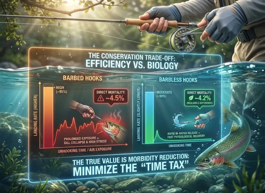 A sophisticated infographic set against a split-level underwater and above-water river scene. A central holographic dual-axis chart titled "THE CONSERVATION TRADE-OFF" compares barbed versus barbless hooks. It shows that while direct mortality rates are similar (4.5% vs 4.2%), barbless hooks significantly reduce 'Unhooking Time' and air exposure, leading to better physiological recovery for the fish.