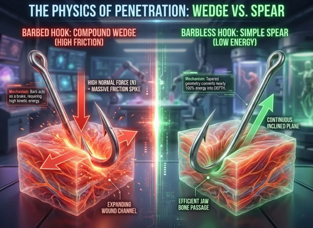 A technical split-screen infographic comparing fishing hook physics. The left panel shows a barbed hook as a "Compound Wedge" creating high friction and a wide wound channel in tissue. The right panel shows a barbless hook as a "Simple Spear" with low friction and deep penetration.