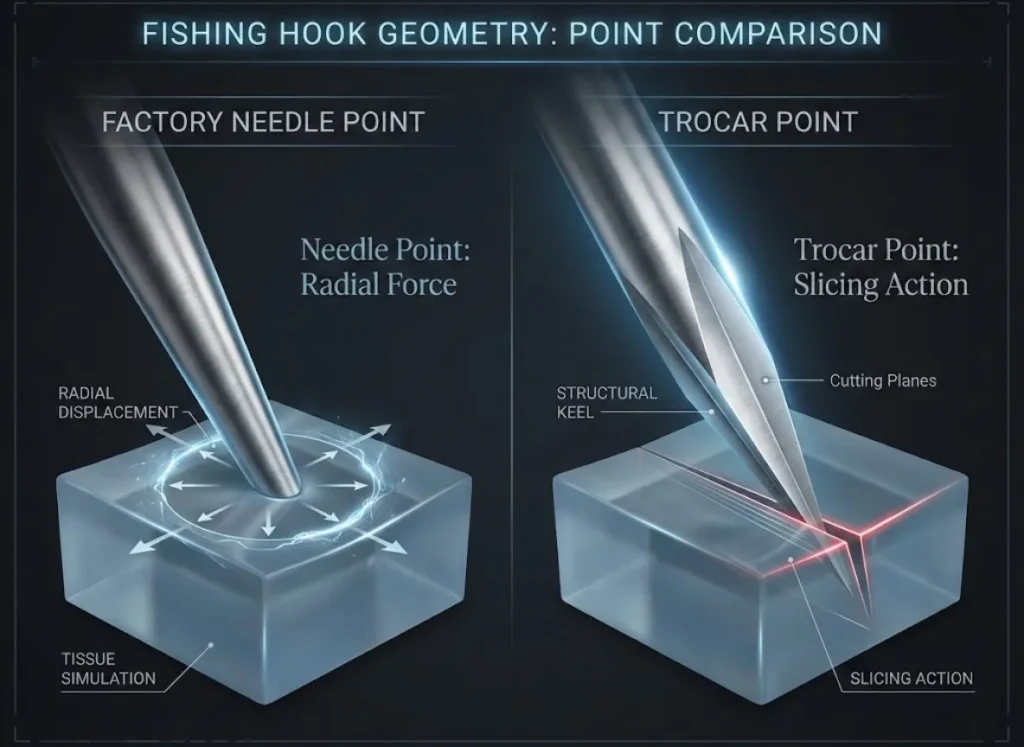 A split-screen technical comparison showing a smooth conical factory needle hook point displacing tissue versus a sharp triangular Trocar hook point slicing with cutting planes.