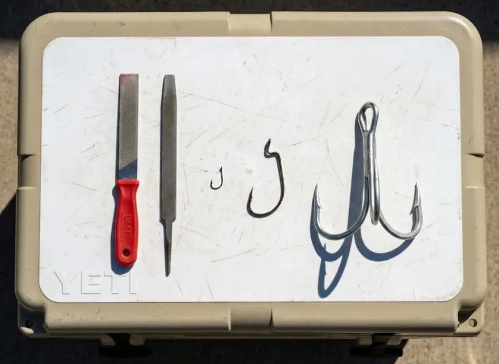 Assortment of DMT diamond files and Gamakatsu hooks laid out on a YETI cooler lid.