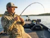 How Bass Eat: Suction Feeding & Your Hookset Reaction Time Angler in Simms gear setting the hook with a bent G.Loomis rod during a bass strike.