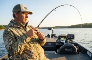 How Bass Eat: Suction Feeding & Your Hookset Reaction Time Angler in Simms gear setting the hook with a bent G.Loomis rod during a bass strike.