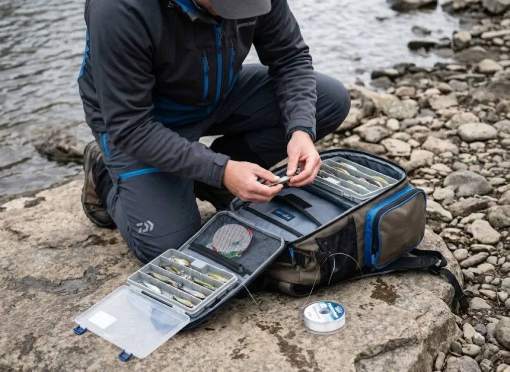 Angler kneeling on river rocks organizing tackle trays and gear inside an open fishing backpack.