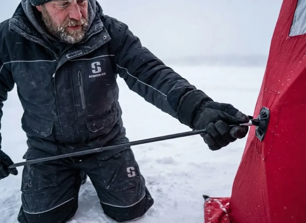 An angler kneeling on the ice inspecting the pole thickness and hub mechanism of an ice fishing tent.