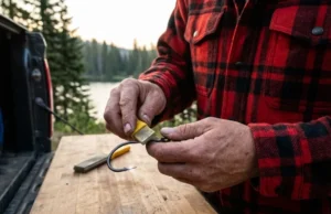 How to Sharpen Fish Hooks: Grit, Angles & Geometry Angler in a Filson flannel sharpening a Mustad hook with an EZE-Lap diamond file at sunrise.