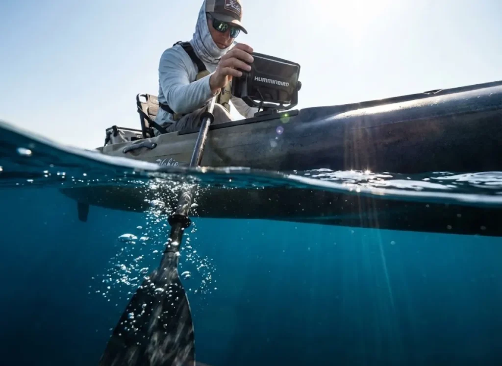 Hobie kayak angler adjusting Humminbird sonar with underwater view of the water column.