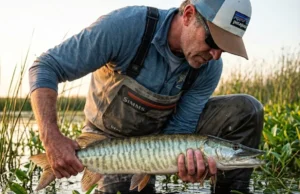 Hybrid Fish ID: Wiper & Tiger Musky Field Guide Angler in Simms waders identifying a Tiger Musky catch near reeds with St. Croix rod visible.