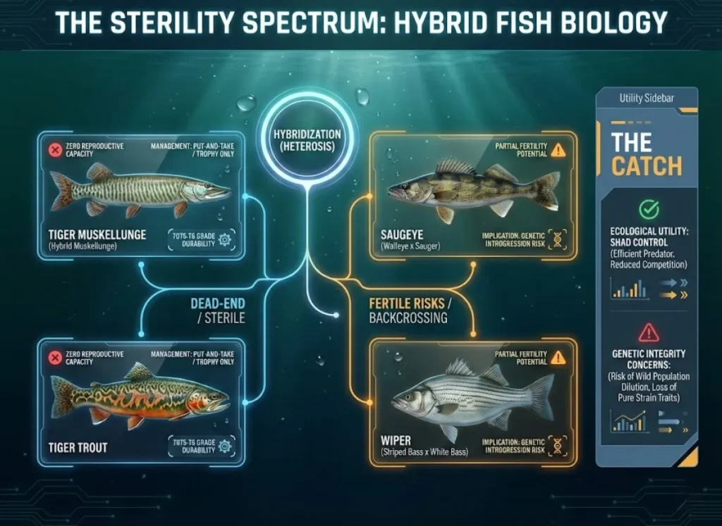 A technical 3D infographic titled "The Sterility Spectrum," visualizing the reproductive categories of hybrid fish. The flowchart uses a sleek glass-morphism style to categorize species like Tiger Musky and Saugeye, explaining their management roles and ecological impacts.