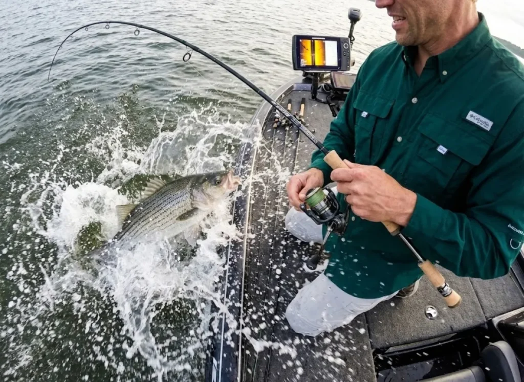Angler in Columbia PFG shirt fighting a powerful hybrid fish on a G. Loomis rod with water splashing.