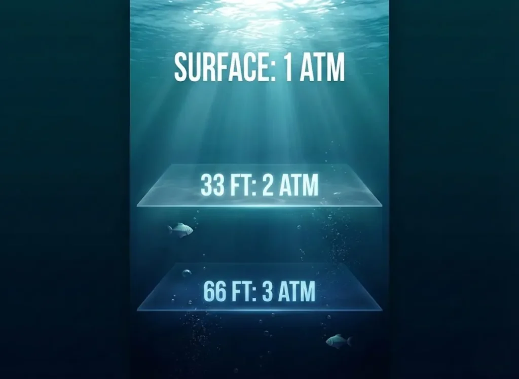 A sophisticated vertical infographic illustrating the '33-Foot Rule' of water pressure. The visual shows a cross-section of the ocean with clear markers at the surface (1 ATM), 33 feet (2 ATM), and 66 feet (3 ATM), featuring a premium blend of 3D realism and clean vector design.