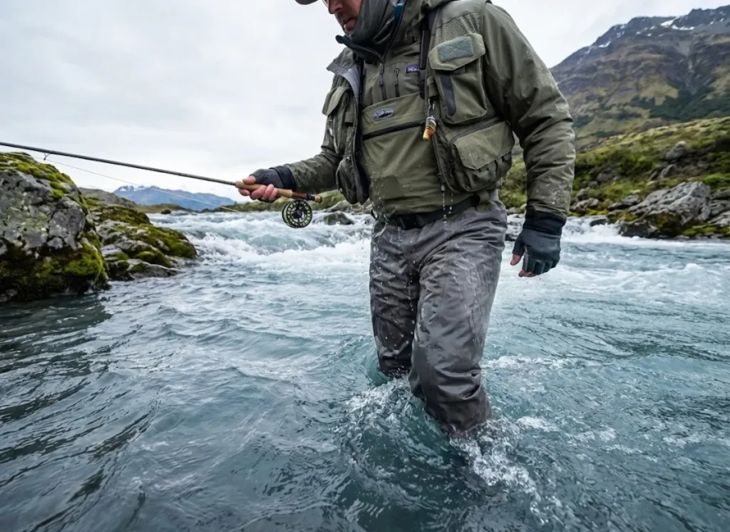 Close up of water current pressing against the fabric of Patagonia Swiftcurrent waders demonstrating hydrostatic pressure.