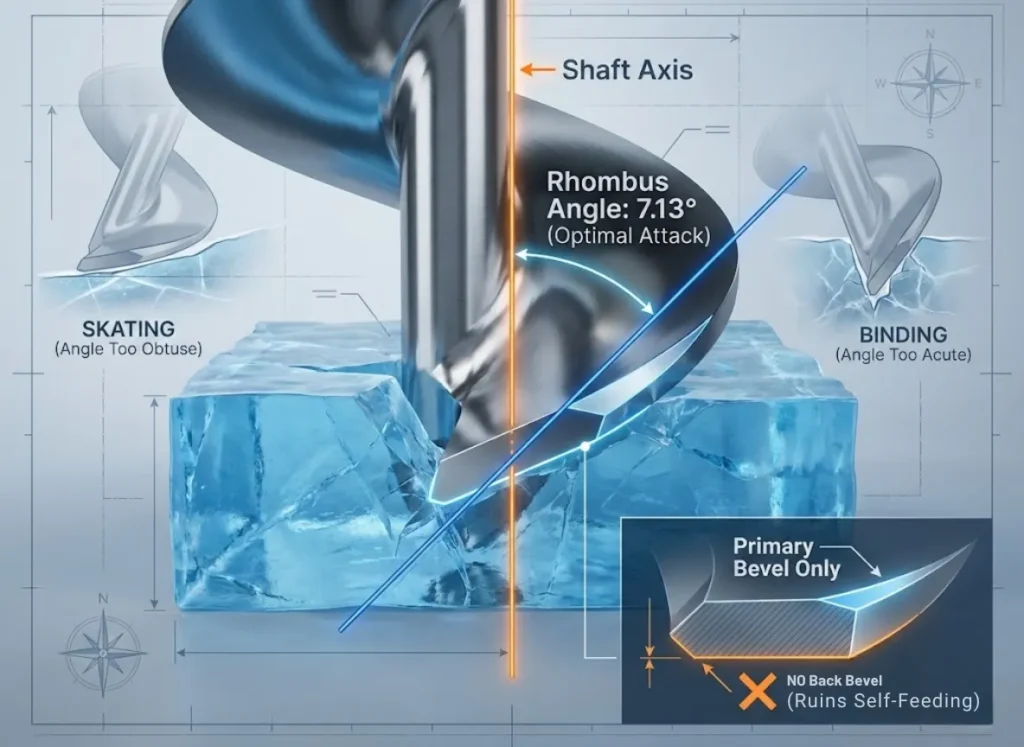 A technical diagram illustrating the cross-section of an ice auger blade cutting into ice. Glowing lines indicate the "Shaft Axis" and the blade angle, highlighting the "Rhombus Angle: 7.13°". Smaller diagrams below show correct "Primary Bevel" versus incorrect "Back Bevel".