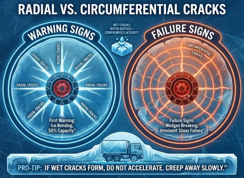 A top-down infographic comparing radial and circumferential ice cracks, with two circular diagrams side-by-side. The left circle, titled 'WARNING SIGNS', shows radial spokes and a vehicle on blue ice. The right circle, titled 'FAILURE SIGNS', shows concentric rings around a vehicle on cracking, orange-tinted ice. A bottom panel illustrates 'WET CRACKS' with water seeping.