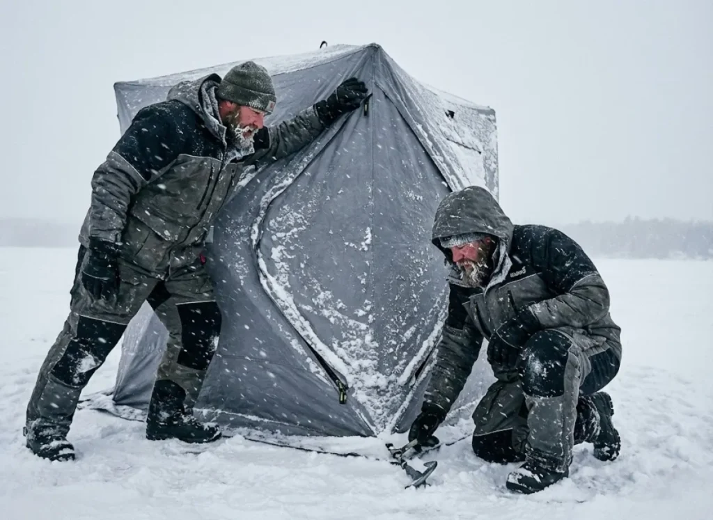 Two anglers physically pushing against an ice fishing shelter in a snowstorm to test its wind stability.