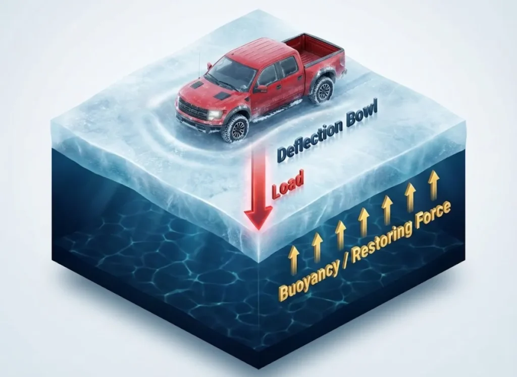 A detailed 3D cross-section diagram showing a pickup truck on a frozen lake, illustrating the ice sheet bending into a deflection bowl with upward buoyancy vectors from the water below.