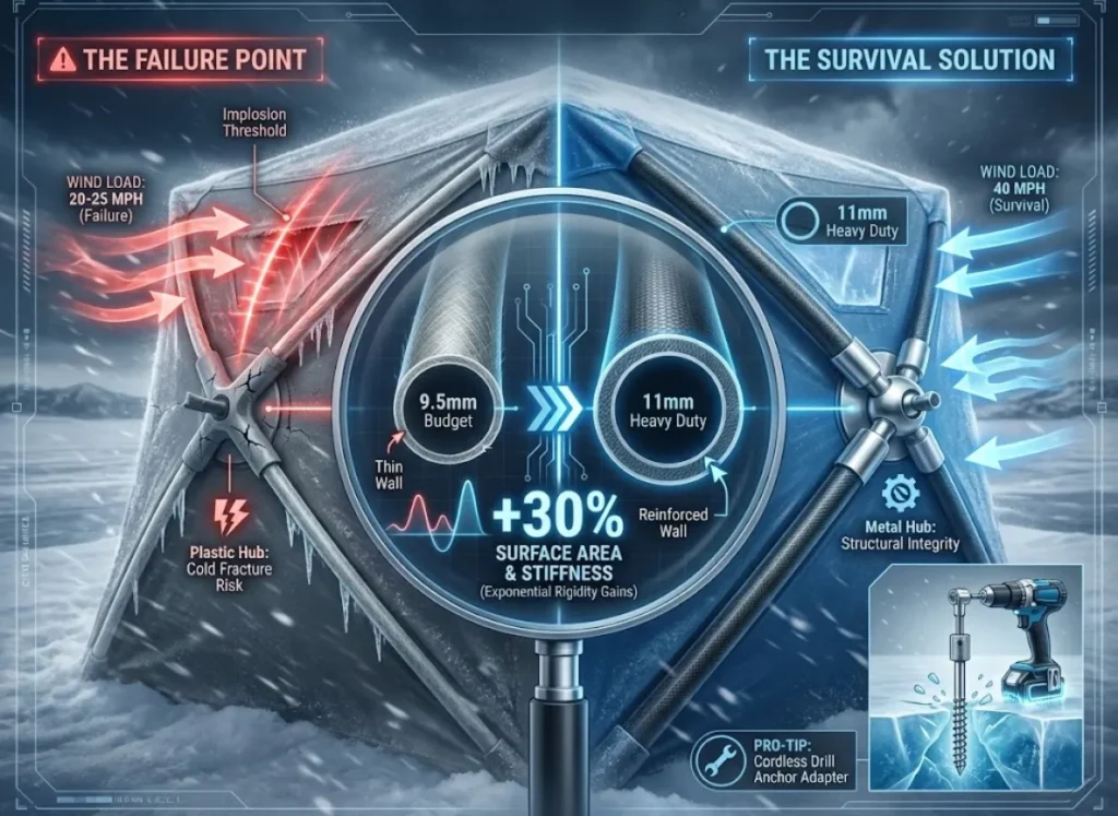 A technical infographic comparing ice fishing shelter poles. On the left, a 9.5mm "Budget Standard" fiberglass pole is shown bowing severely under a 25mph wind load, with a cracked plastic hub. On the right, an 11mm "Heavy Duty" pole remains rigid under a 40mph load, connected to a metal ball-and-socket hub. A central cross-section graphic highlights the 30%+ increase in thickness and stiffness.