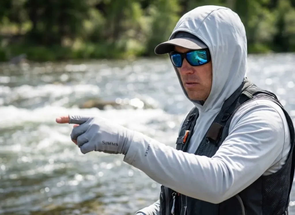 Close up of angler wearing Costa Blackfin Pro sunglasses scanning the river water.