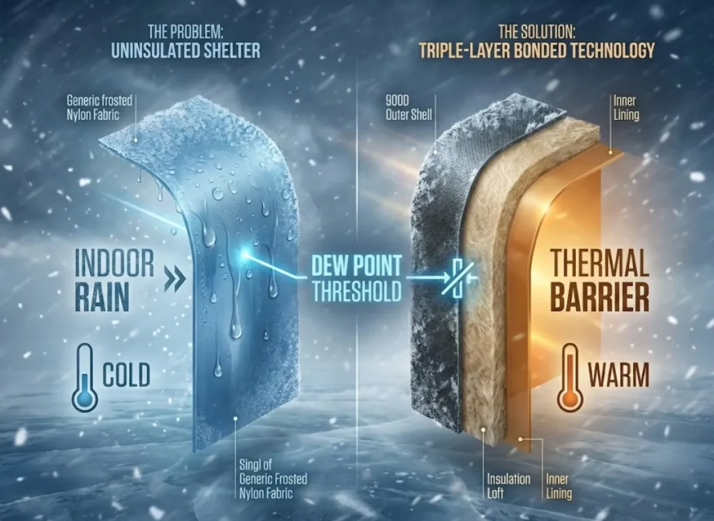 A split-screen 3D cross-section illustration showing the difference between single-layer tent fabric and triple-layer bonded insulation. The left side shows a thin blue layer with internal condensation labeled "Indoor Rain." The right side shows thick, textured layers blocking the cold, labeled "Thermal Barrier," resulting in a dry, warm interior.