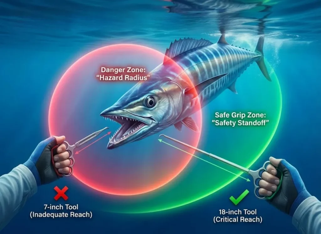 Infographic showing a Wahoo fish with a red "Danger Zone" around its mouth and a green "Safe Grip Zone" at a distance. An angler's hand with a 7-inch tool is in the red zone, while another hand with an 18-inch tool is in the green zone. Labels explain "Hazard Radius" and "Critical Reach."