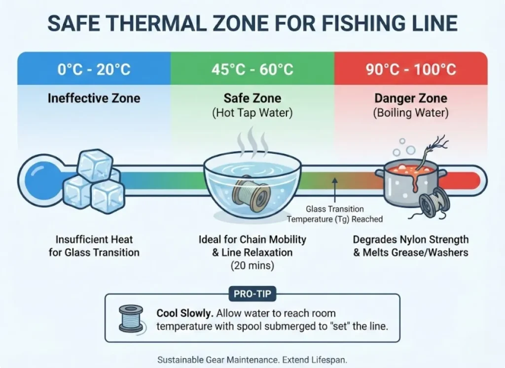 A horizontal infographic illustrating the "Safe Thermal Zone" for fishing line treatment. A thermometer scale shows three colored sections: 0-20°C (Blue, Ineffective) with an ice icon; 45-60°C (Green, Safe Zone - Hot Tap Water) with a spool submerged in a bowl; and 90-100°C (Red, Danger Zone - Boiling Water) with a damaged line and reel icon. Below the scale are annotations on Glass Transition, Melting Grease, and a pro-tip for slow cooling.
