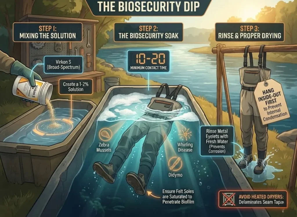 A three-step semantic infographic titled "THE BIOSECURITY DIP" illustrating how to disinfect fishing waders. Step 1 shows mixing a 1-2% Virkon S solution in a tub. Step 2 depicts waders and boots submerged for a 10-20 minute soak to penetrate biofilm. Step 3 shows waders hanging inside-out to air dry, with a warning against heated dryers and a reminder to rinse metal eyelets. The style is premium vector-realism with cinematic lighting.