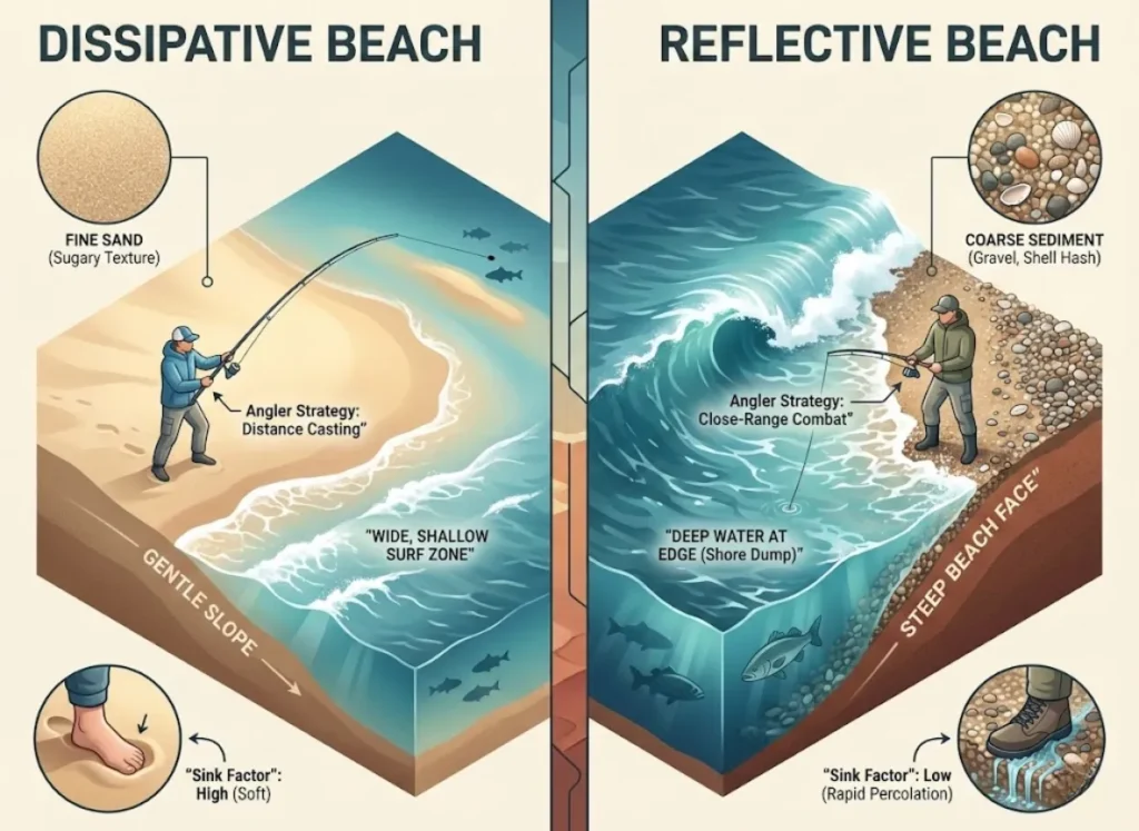 A side-by-side scientific infographic comparing two beach types. The left panel, labeled 'DISSIPATIVE BEACH', shows fine sand, a flat slope, wide shallow surf, and an angler casting a long distance. A magnifying glass shows fine sugary grains. The right panel, labeled 'REFLECTIVE BEACH', shows coarse gravel, a steep slope with deep water at the edge, and an angler fishing close to shore. A magnifying glass shows pebbles and shells. Text labels explain the relationship between sediment, slope, and fishing strategy.