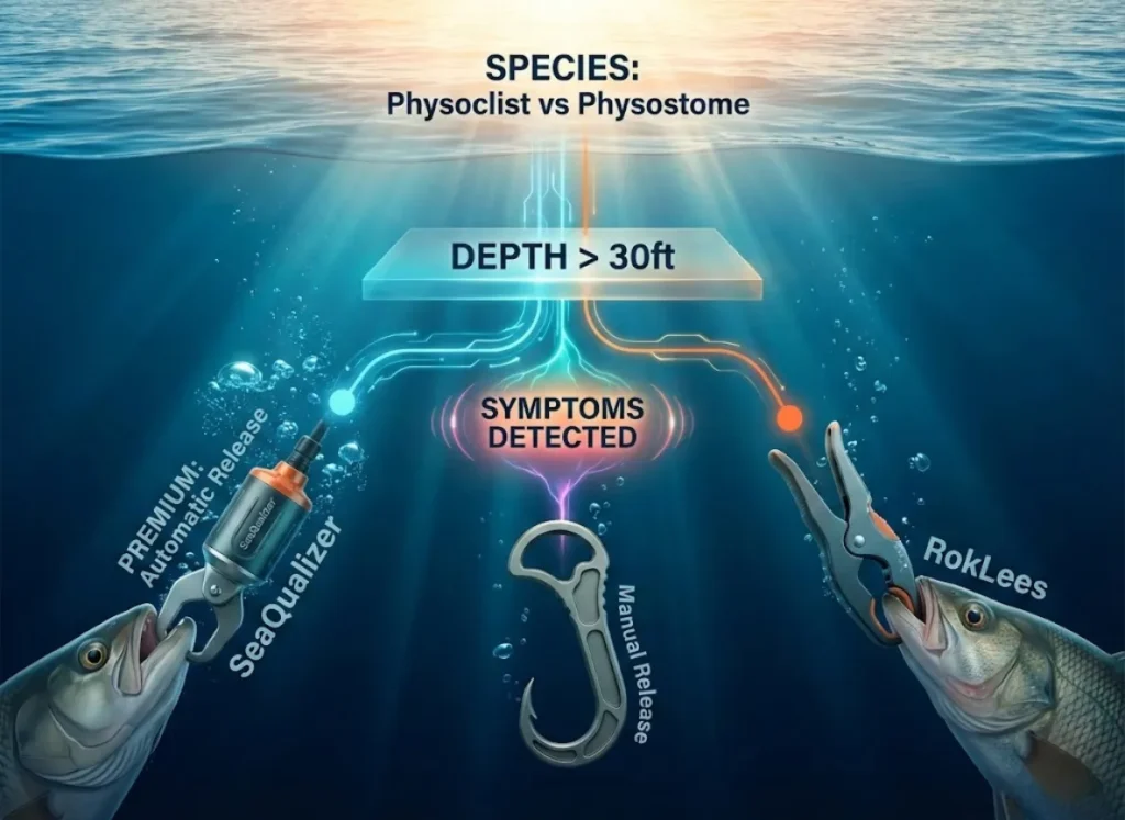 A premium 3D-vector infographic showing fish descending tools (SeaQualizer, Shelton, RokLees) and a decision matrix for treating rockfish barotrauma in a cinematic underwater environment.