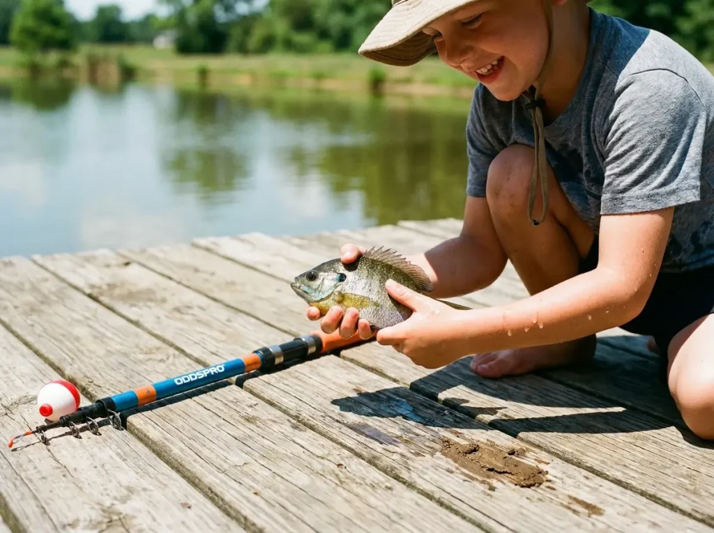 Smiling kid holding up a small bluegill panfish caught off a dock with a tangle-free pole