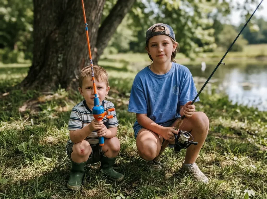 Two kids of different ages holding correctly sized tangle-free fishing poles on a bank