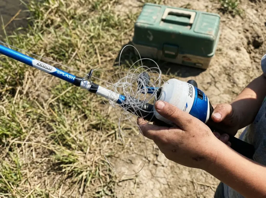 Loose tangled fishing line bird's nest looped around a kids spincast reel and rod