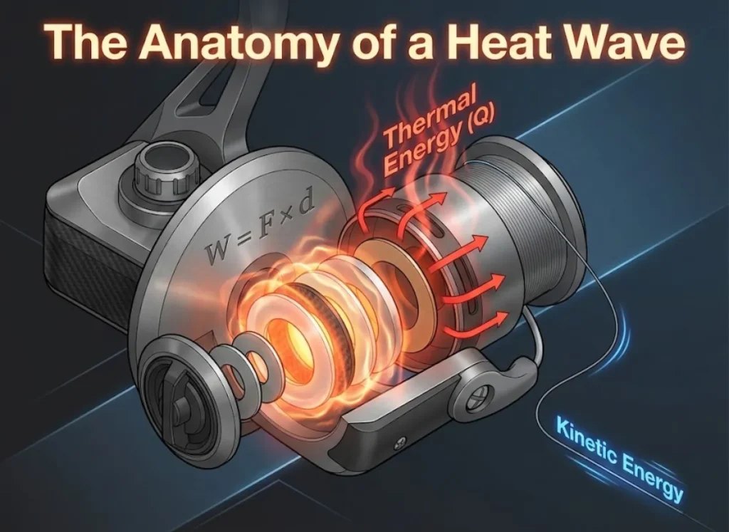 A detailed, high-end 3D cross-section infographic of a fishing reel drag system, illustrating the conversion of mechanical work into thermal energy. The image features glowing heat dissipation at the friction interface and integrated scientific labels and formulas.