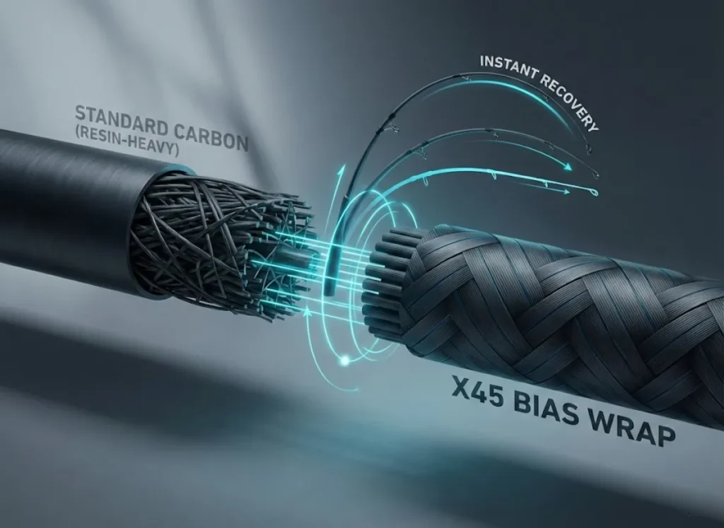 A masterpiece of digital art blending flat vector clarity with 3D global illumination, capturing the high-tech engineering of high-performance fishing rod blanks. The composition is a Semantic Infographic featuring a floating, cinematic cross-section of a rod blank suspended in a clean, minimalist studio space.