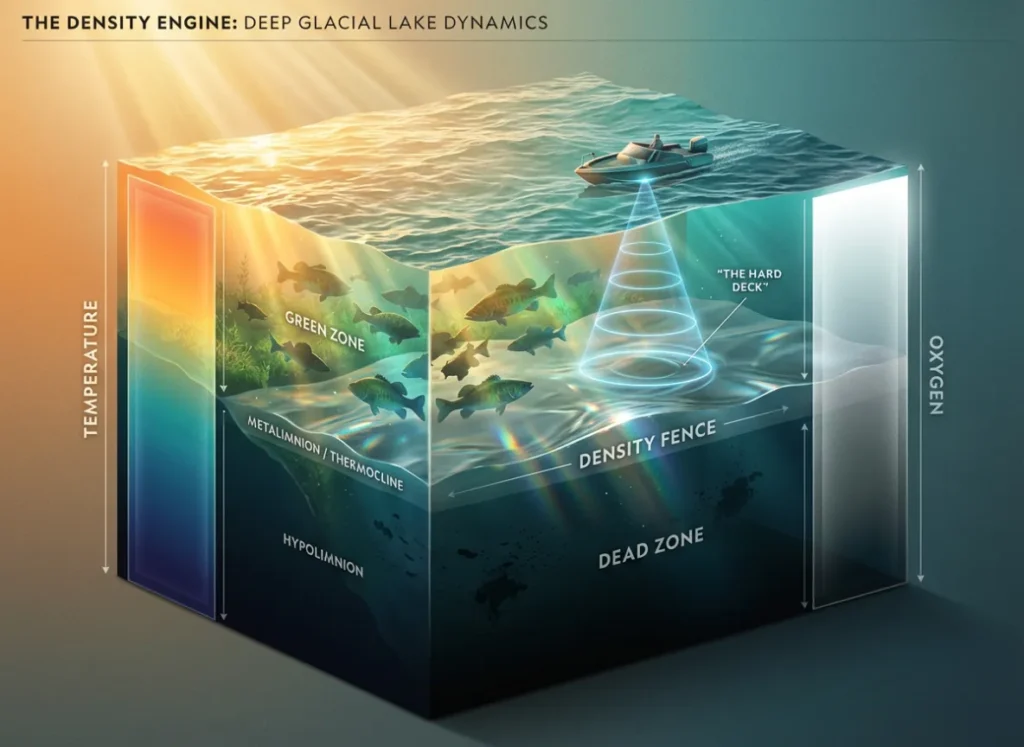 A 3D vertical cross-section of a lake illustrating thermal stratification. The diagram shows the Epilimnion, Thermocline, and Hypolimnion layers with integrated temperature and oxygen gradients, highlighting the 'Green Zone' where fish thrive and the 'Dead Zone' below the thermocline.