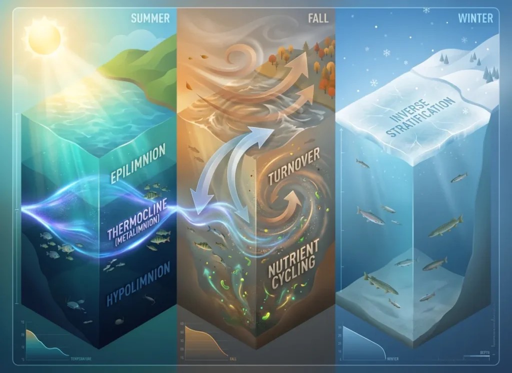 A professional three-panel scientific infographic using premium vector-realism to illustrate the seasonal cycle of a dimictic lake. The visual shows the Summer "layered cake" stratification, the Fall turnover with wind-driven nutrient mixing, and the Winter inverse stratification under a layer of ice.