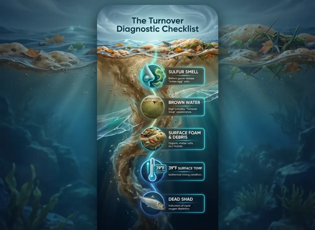 A vertical, smartphone-friendly infographic titled "The Turnover Diagnostic Checklist." It uses a premium vector-realism style to illustrate five signs of active lake turnover within a cross-section of turbulent water: a nose icon for "SULFUR SMELL," murky water for "BROWN WATER," floating sludge for "SURFACE FOAM & DEBRIS," a thermometer reading 39°F for "39°F SURFACE TEMP," and a dead fish for "DEAD SHAD." Each point has descriptive subtext.