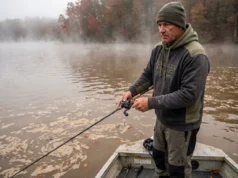 Lake Turnover Physics Explained: Angler’s Guide Angler casting a fishing rod from a boat into murky, coffee-colored lake water during a foggy autumn morning.