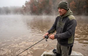 Lake Turnover Physics Explained: Angler’s Guide Angler casting a fishing rod from a boat into murky, coffee-colored lake water during a foggy autumn morning.