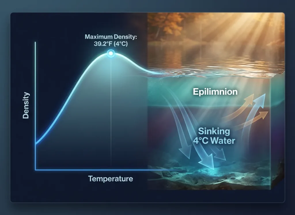 A high-definition scientific infographic illustrating the density curve of water peaking at 4°C (39.2°F), seamlessly integrated with a 3D cross-section of a lake undergoing autumn turnover. The image features sinking cold water currents and professional typography.