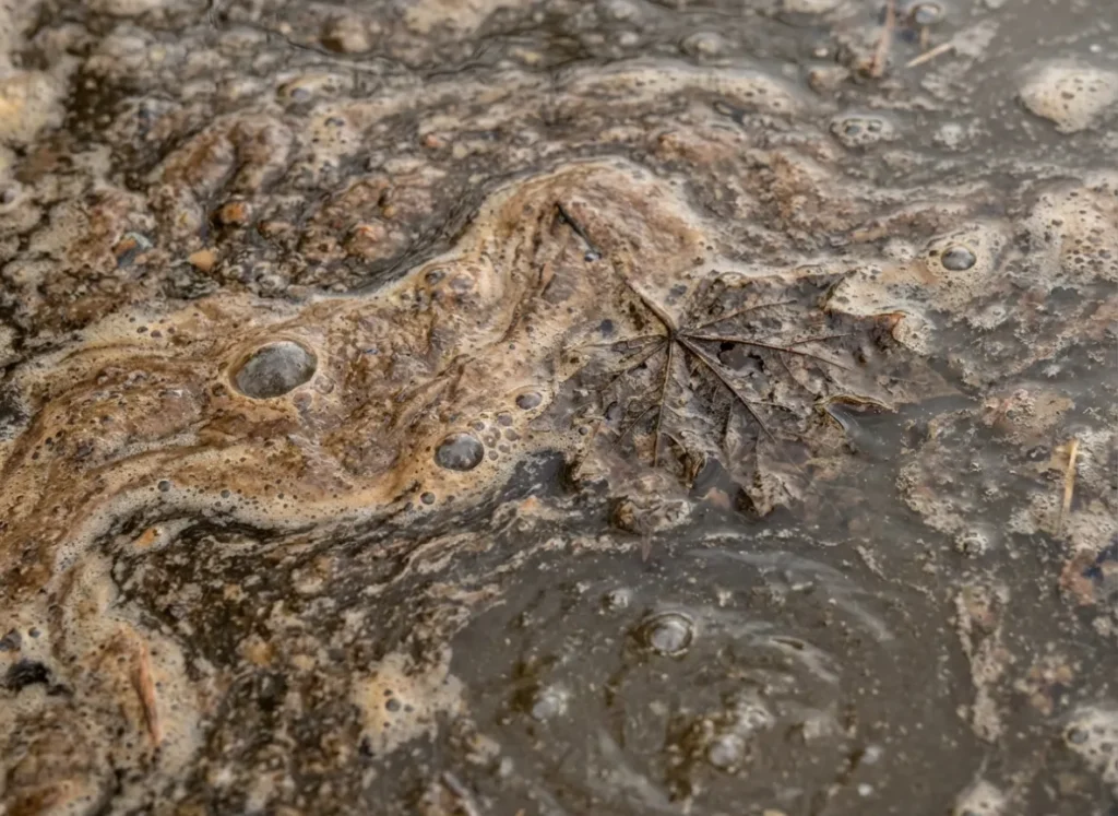 Close-up view of turbid lake water surface covered in brown foam, bubbles, and decaying organic matter.