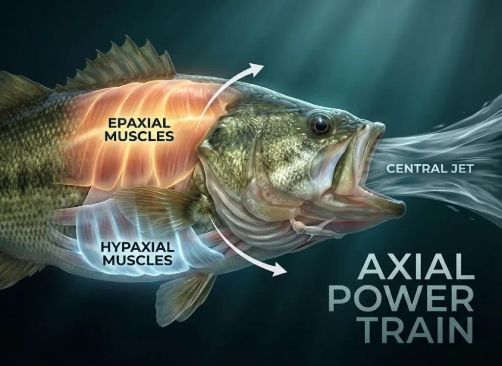 A dynamic anatomical cross-section of a Largemouth Bass during a suction strike. The image highlights the Epaxial and Hypaxial muscles working in tandem to expand the mouth, with vector arrows indicating force and fluid dynamics entering the oral cavity.