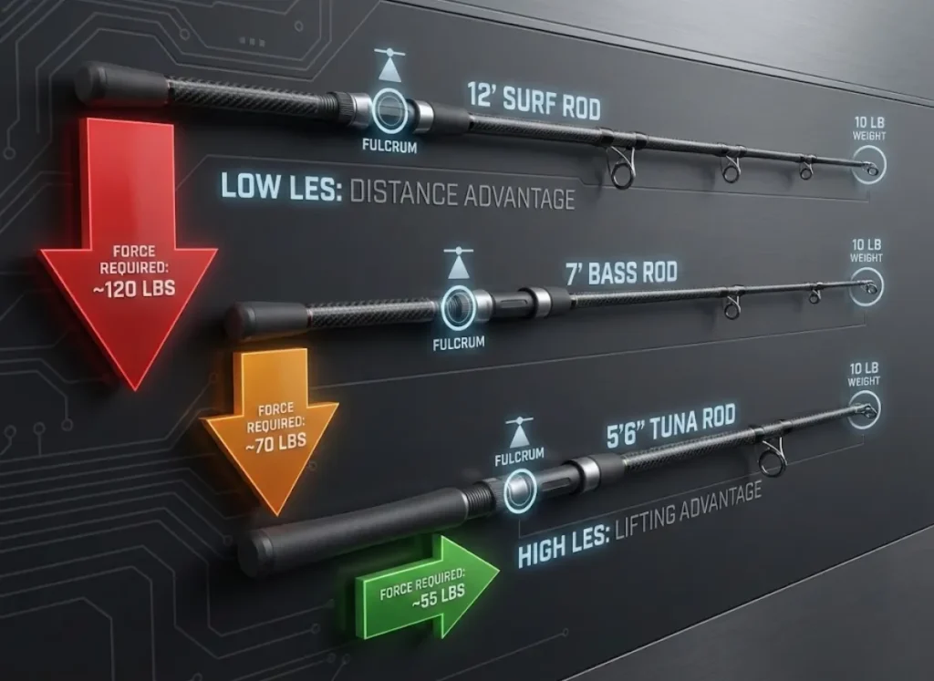 A technical semantic infographic titled 'The Leverage Penalty,' comparing the force required to lift 10 lbs using a 12' Surf Rod, a 7' Bass Rod, and a 5.6' Tuna Rod. The diagram uses 3D force vectors and glowing labels to show how shorter rods increase the angler's mechanical advantage.