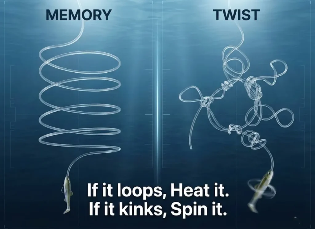 A split-screen educational illustration comparing fishing line memory and twist. The left side, labeled "MEMORY," shows a fishing line forming large, clean, smooth vertical loops like a spring. The right side, labeled "TWIST," shows a fishing line that is kinked, tangled, braided upon itself, and pigtailing wildly. Below both panels is a prominent caption that reads, "If it loops, Heat it. If it kinks, Spin it." The style is a clean, modern diagram with realistic textures and a blue and green color palette.