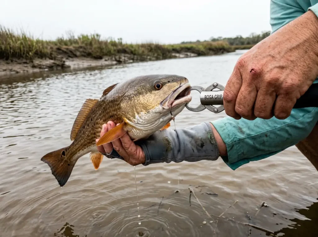 Close-up of a lip gripper clamped on a fish's lower jaw held horizontally over the water