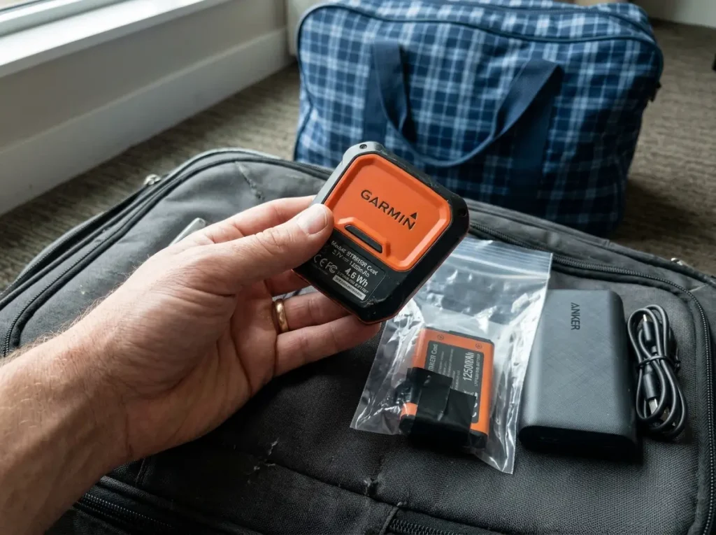 Spare lithium battery and a portable fish finder packed in a carry-on, never in checked luggage