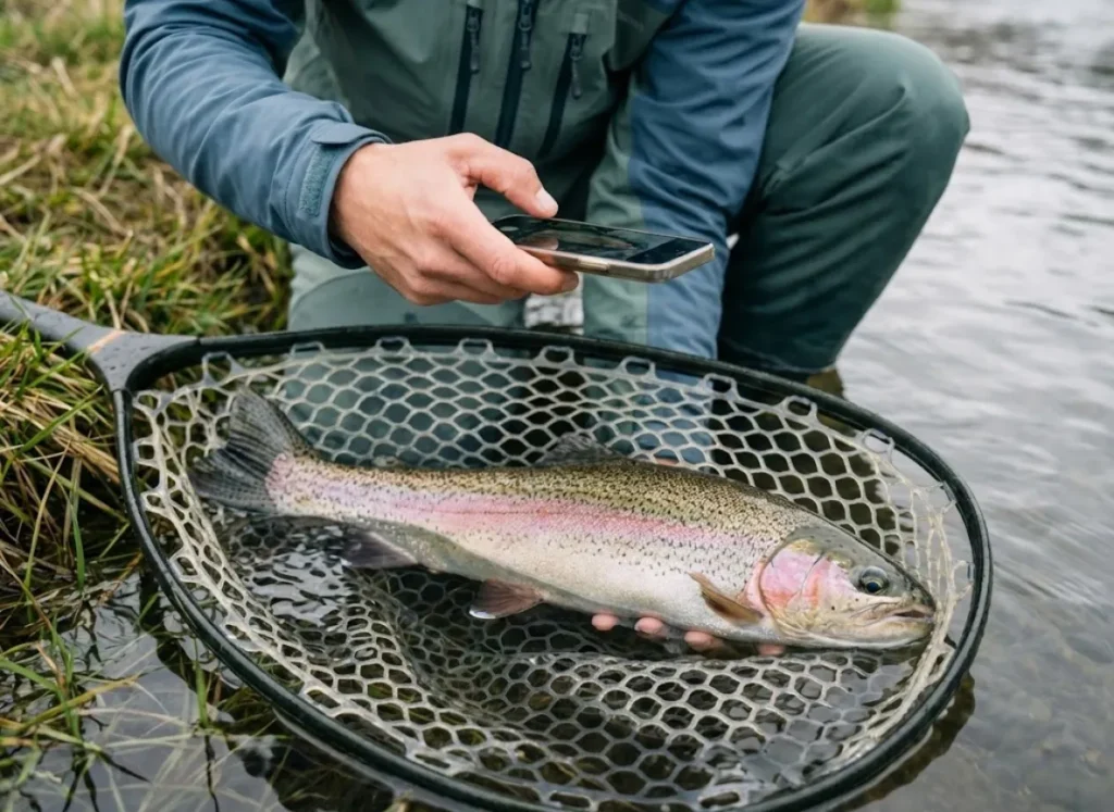 Angler taking a close-up photo of a trout in a net to log the catch without revealing the location.