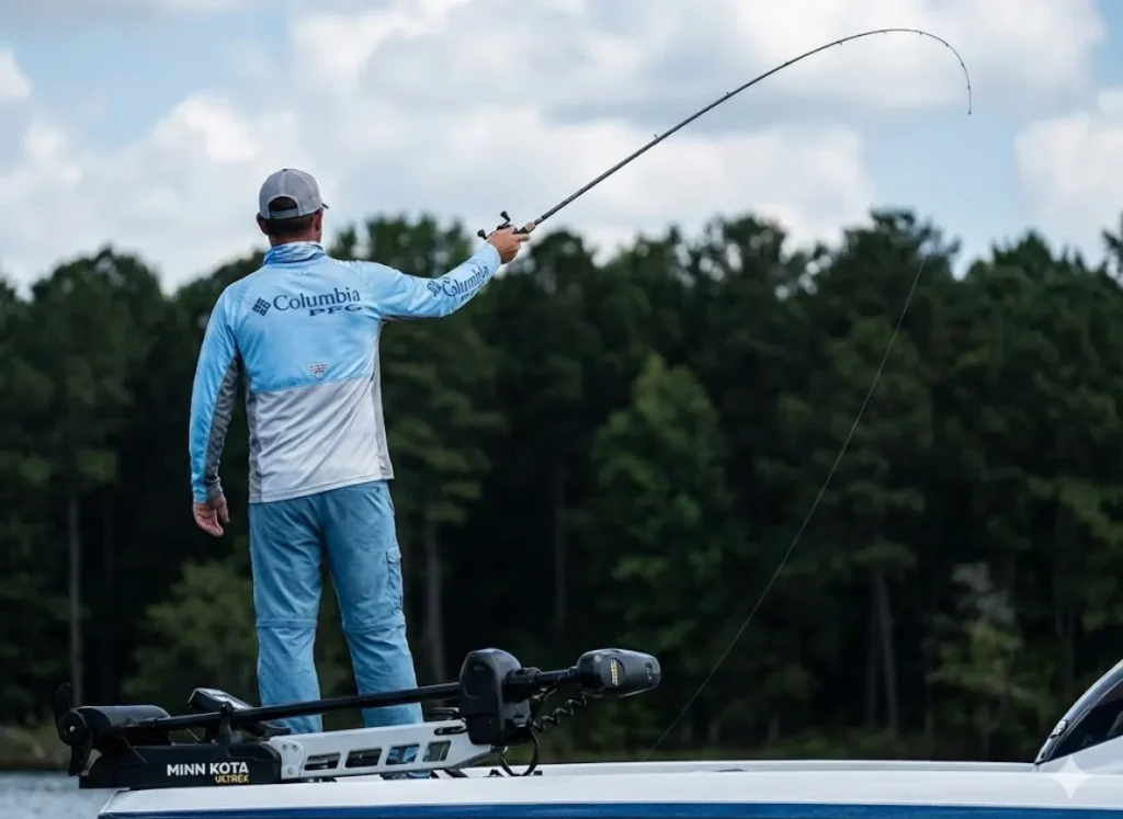 Angler on a Ranger boat making a long cast with Seaguar fluorocarbon line