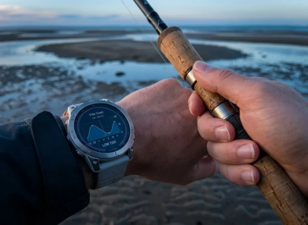 Close-up POV of a Garmin fēnix smartwatch displaying low tide data, with an exposed beach and sandbars visible in the background.