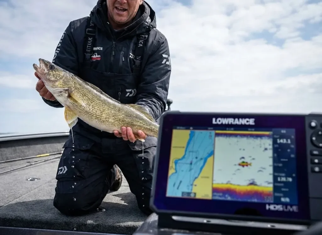 Angler holding large Walleye next to Lowrance HDS Live screen wearing Simms waders.